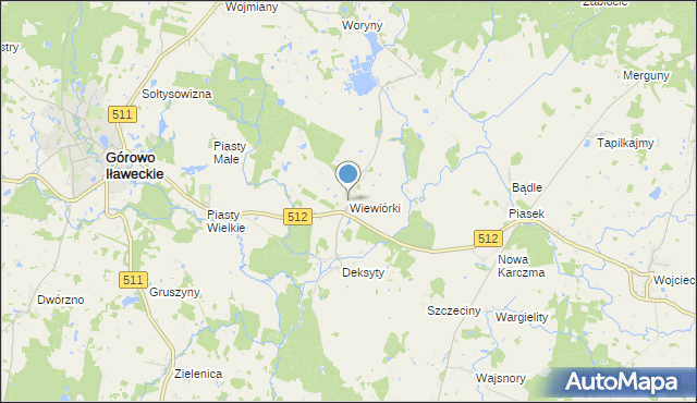 mapa Wiewiórki, Wiewiórki gmina Górowo Iławeckie na mapie Targeo